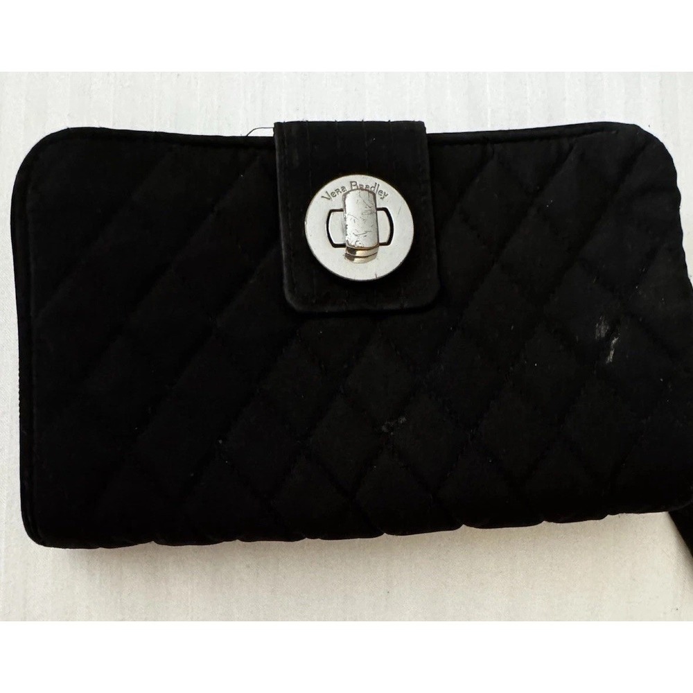 Vera Bradley RFID Turnlock Zip Around  Wallet Classic Black Microfiber EUC A17